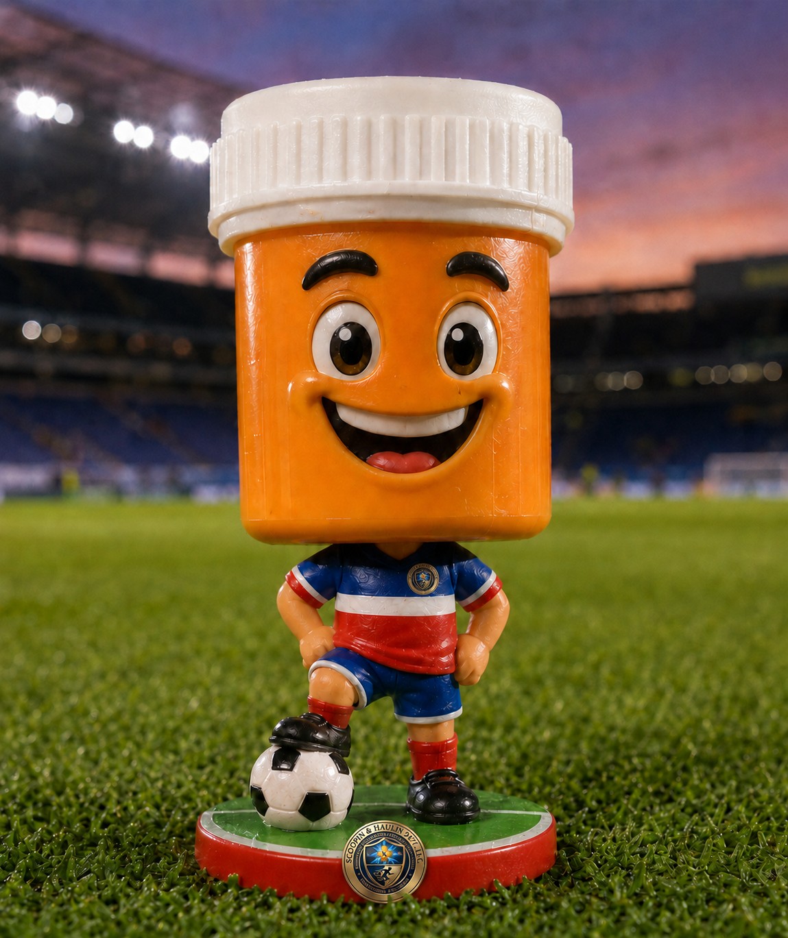 Scoopin & Haulin pill bottle soccer bobblehead